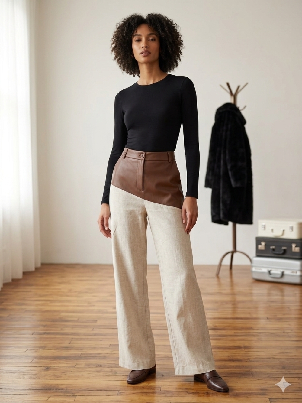 High-Rise Two-Tone Wide-Leg Pants in Brown and Natural